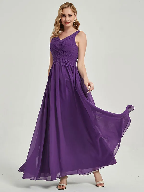 Mauve Wide Straps Sleeveless V-Neck Pleated Flowy Bridesmaid Dress