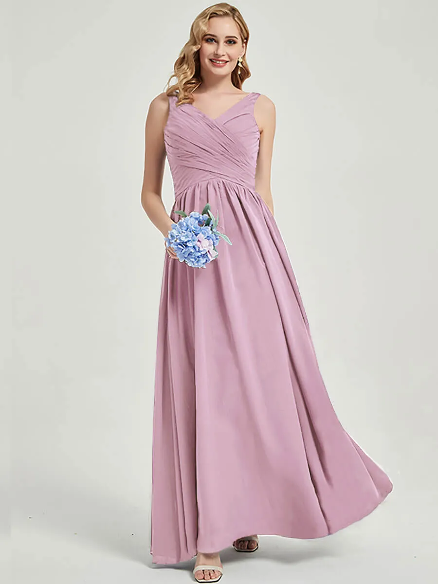 Mauve Wide Straps Sleeveless V-Neck Pleated Flowy Bridesmaid Dress