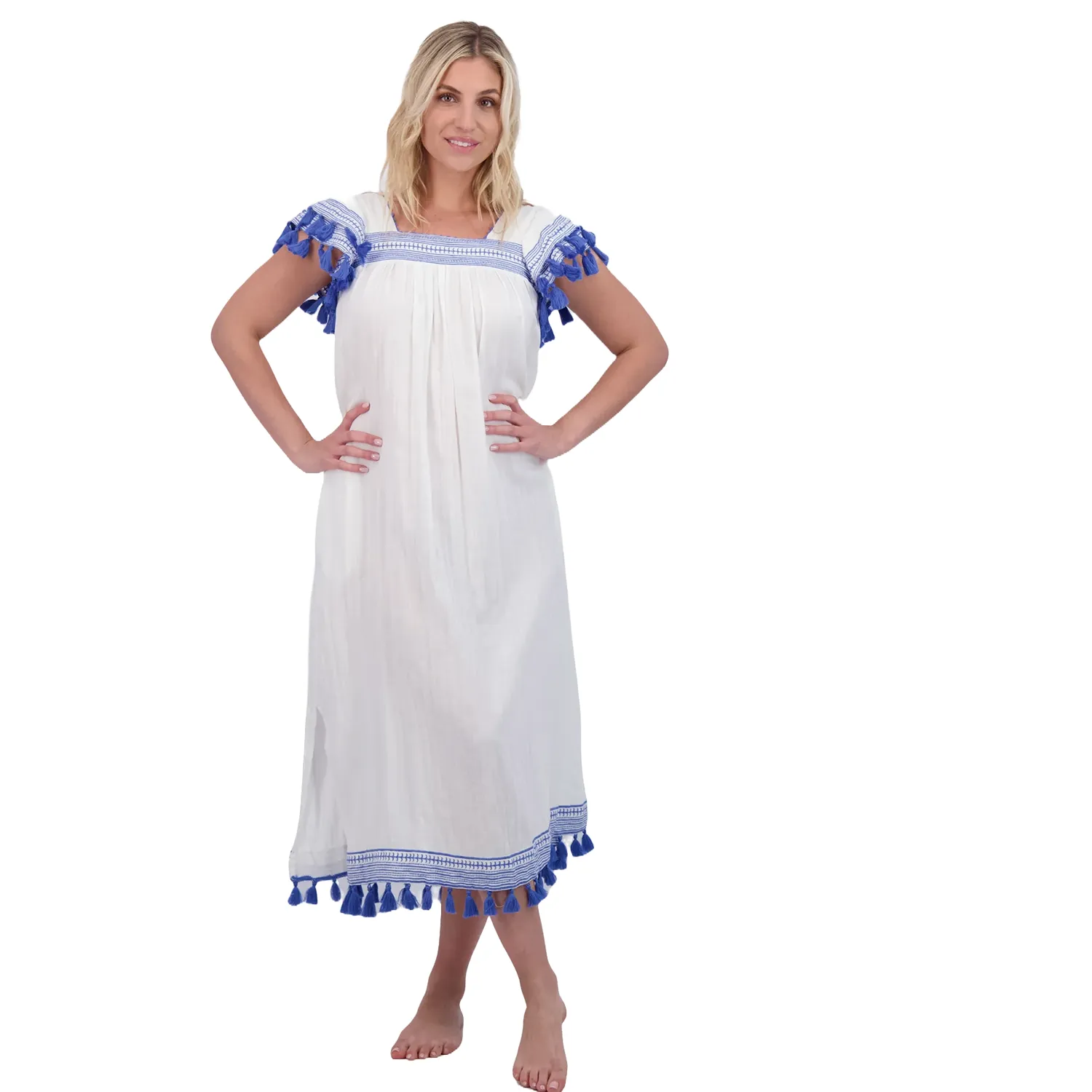 Maxi Sandrine Women's Dress White Lapis Blue Embroidery