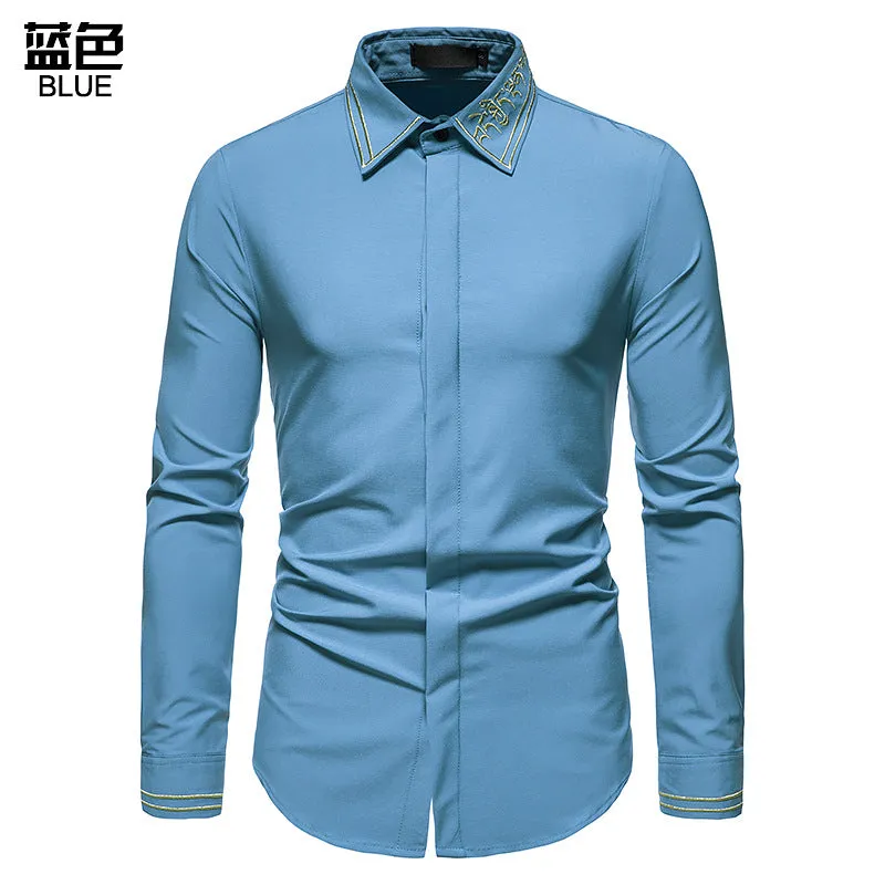 Men's Hollow Long-sleeved Solid Color Retro Slim-fit Formal Shirt