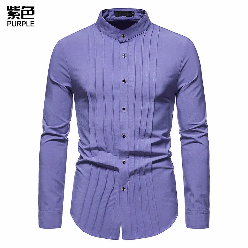 Men's Hollow Long-sleeved Solid Color Retro Slim-fit Formal Shirt