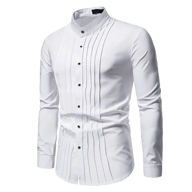 Men's Hollow Long-sleeved Solid Color Retro Slim-fit Formal Shirt