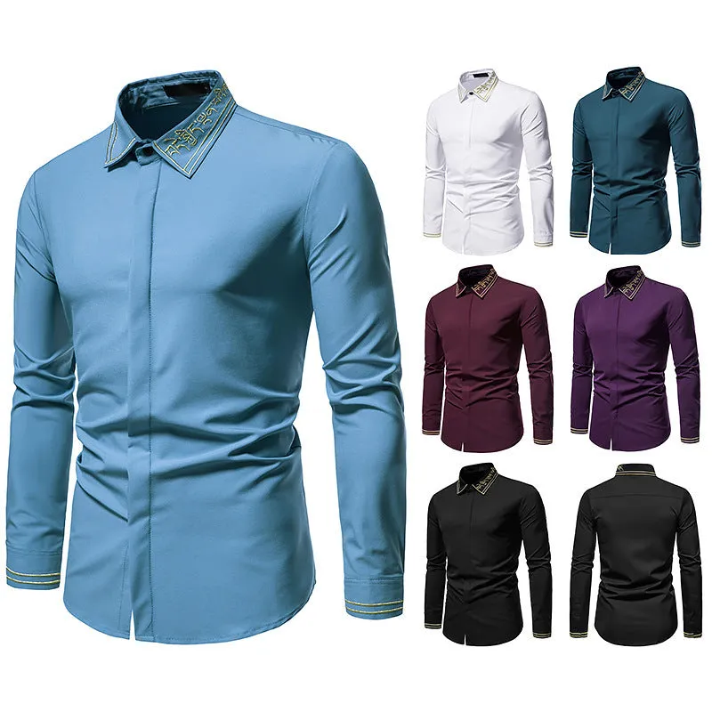 Men's Hollow Long-sleeved Solid Color Retro Slim-fit Formal Shirt