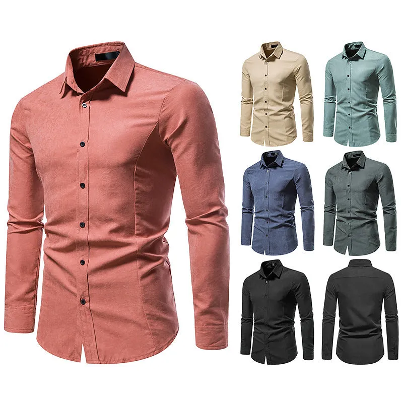 Men's Hollow Long-sleeved Solid Color Retro Slim-fit Formal Shirt