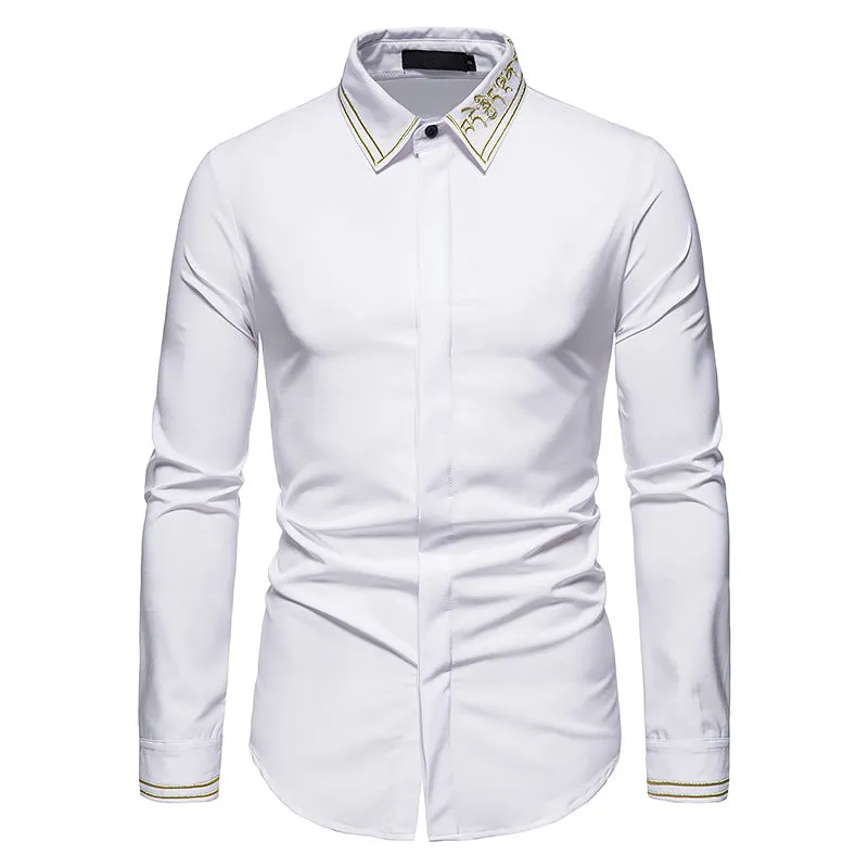 Men's Hollow Long-sleeved Solid Color Retro Slim-fit Formal Shirt