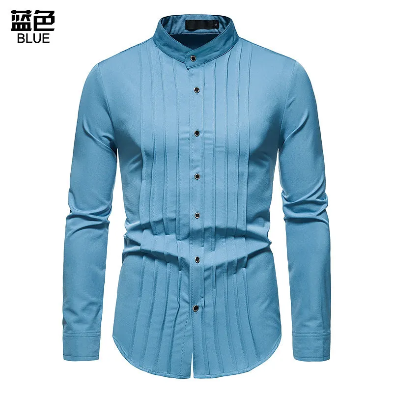 Men's Hollow Long-sleeved Solid Color Retro Slim-fit Formal Shirt