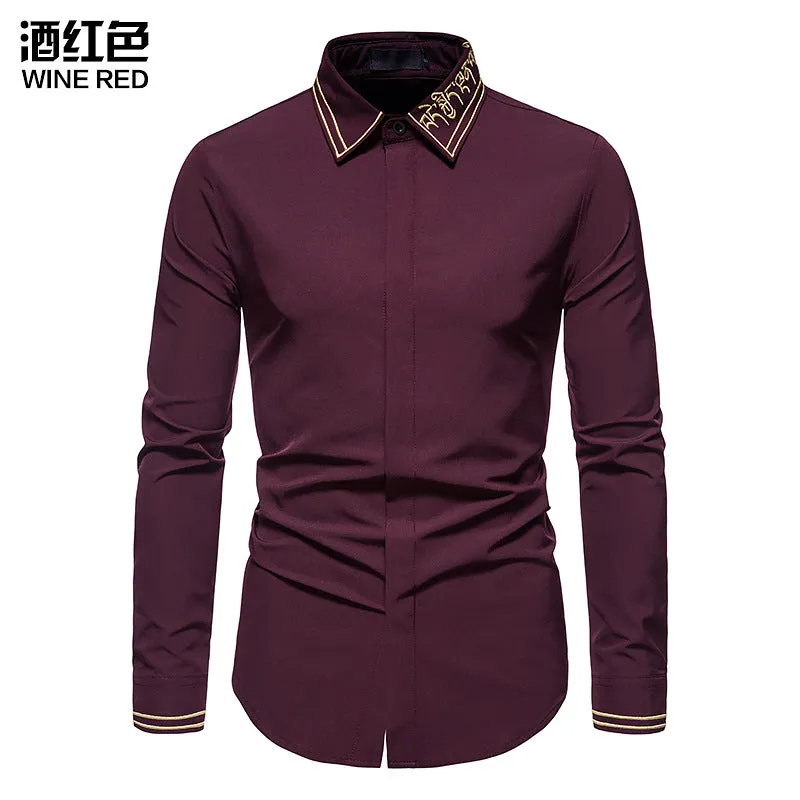 Men's Hollow Long-sleeved Solid Color Retro Slim-fit Formal Shirt