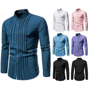 Men's Hollow Long-sleeved Solid Color Retro Slim-fit Formal Shirt