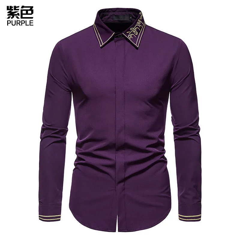 Men's Hollow Long-sleeved Solid Color Retro Slim-fit Formal Shirt