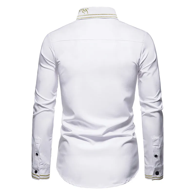 Men's Hollow Long-sleeved Solid Color Retro Slim-fit Formal Shirt