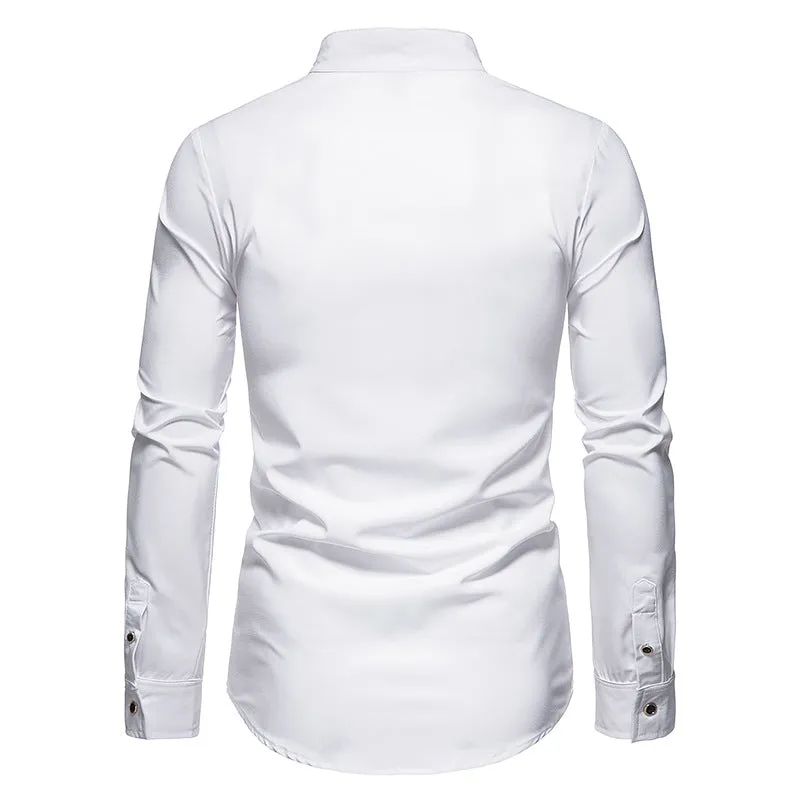 Men's Hollow Long-sleeved Solid Color Retro Slim-fit Formal Shirt