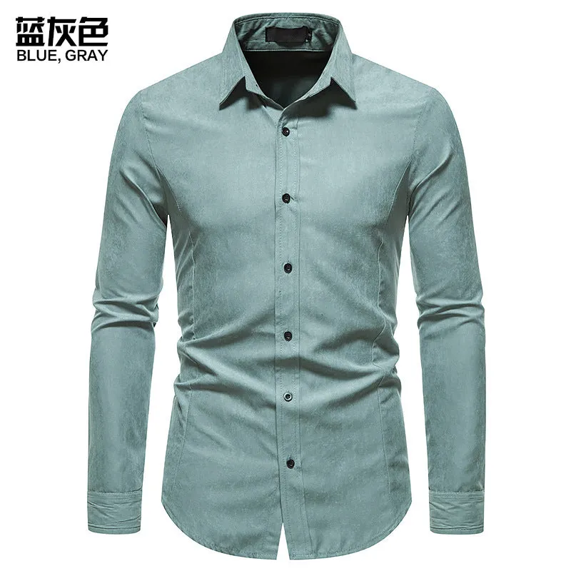 Men's Hollow Long-sleeved Solid Color Retro Slim-fit Formal Shirt