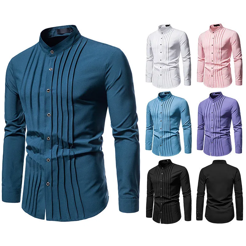 Men's Hollow Long-sleeved Solid Color Retro Slim-fit Formal Shirt