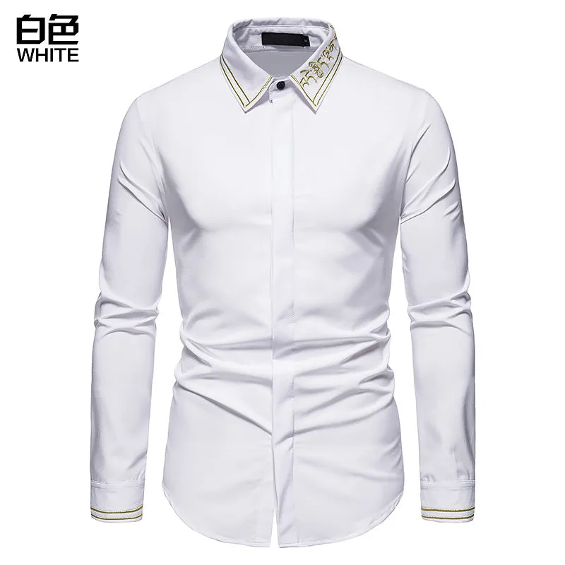 Men's Hollow Long-sleeved Solid Color Retro Slim-fit Formal Shirt