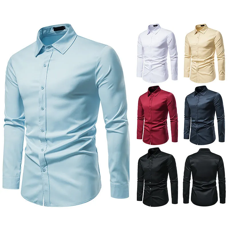 Men's Hollow Solid Color Button Shirt Slim Fit Formal Shirt
