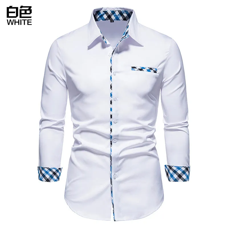 Men's Long Sleeve Contrasting Color Button Shirt Slim Fit Formal Shirt