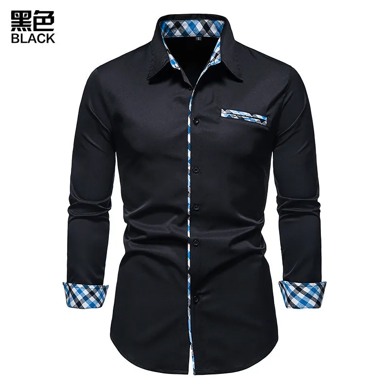 Men's Long Sleeve Contrasting Color Button Shirt Slim Fit Formal Shirt