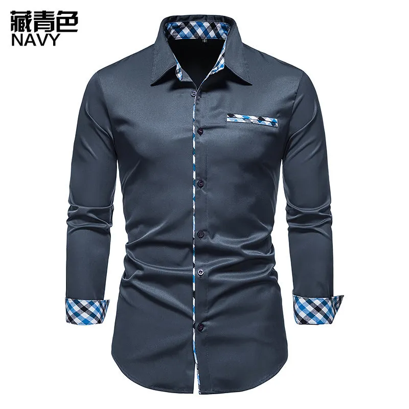 Men's Long Sleeve Contrasting Color Button Shirt Slim Fit Formal Shirt
