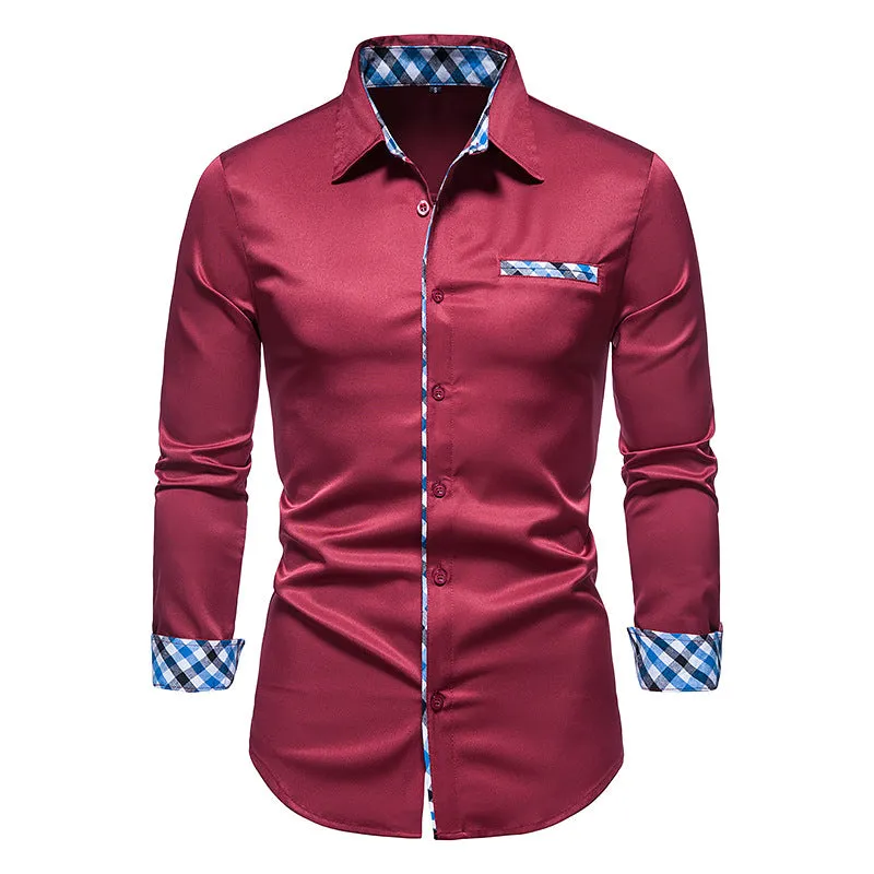 Men's Long Sleeve Contrasting Color Button Shirt Slim Fit Formal Shirt