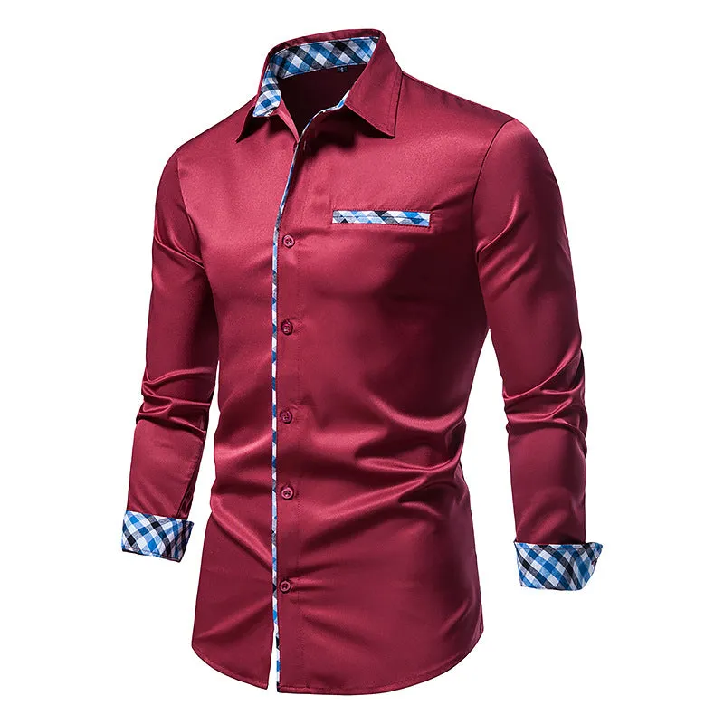 Men's Long Sleeve Contrasting Color Button Shirt Slim Fit Formal Shirt
