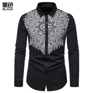 Men's Long Sleeve Printed Button Shirt Slim Fit Formal Shirt