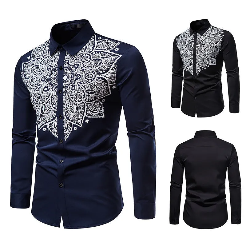 Men's Long Sleeve Printed Button Shirt Slim Fit Formal Shirt
