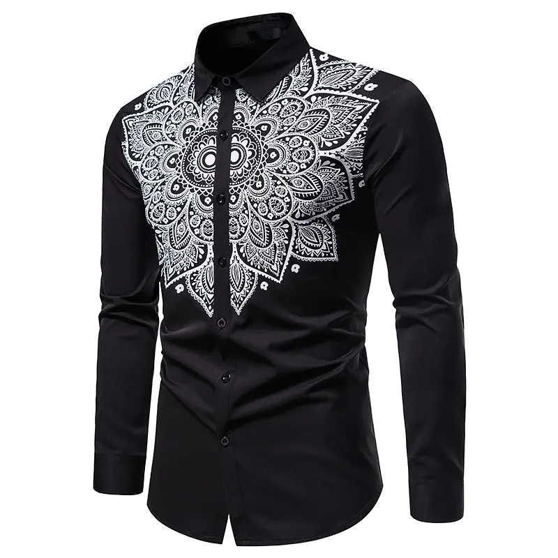 Men's Long Sleeve Printed Button Shirt Slim Fit Formal Shirt