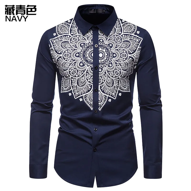 Men's Long Sleeve Printed Button Shirt Slim Fit Formal Shirt