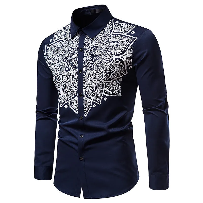 Men's Long Sleeve Printed Button Shirt Slim Fit Formal Shirt