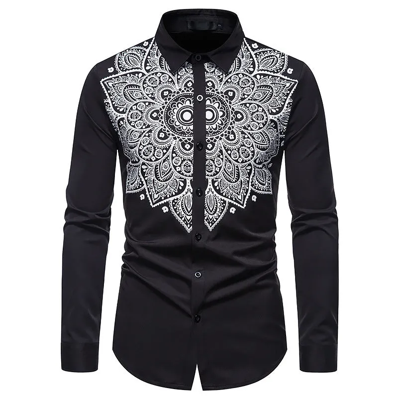 Men's Long Sleeve Printed Button Shirt Slim Fit Formal Shirt