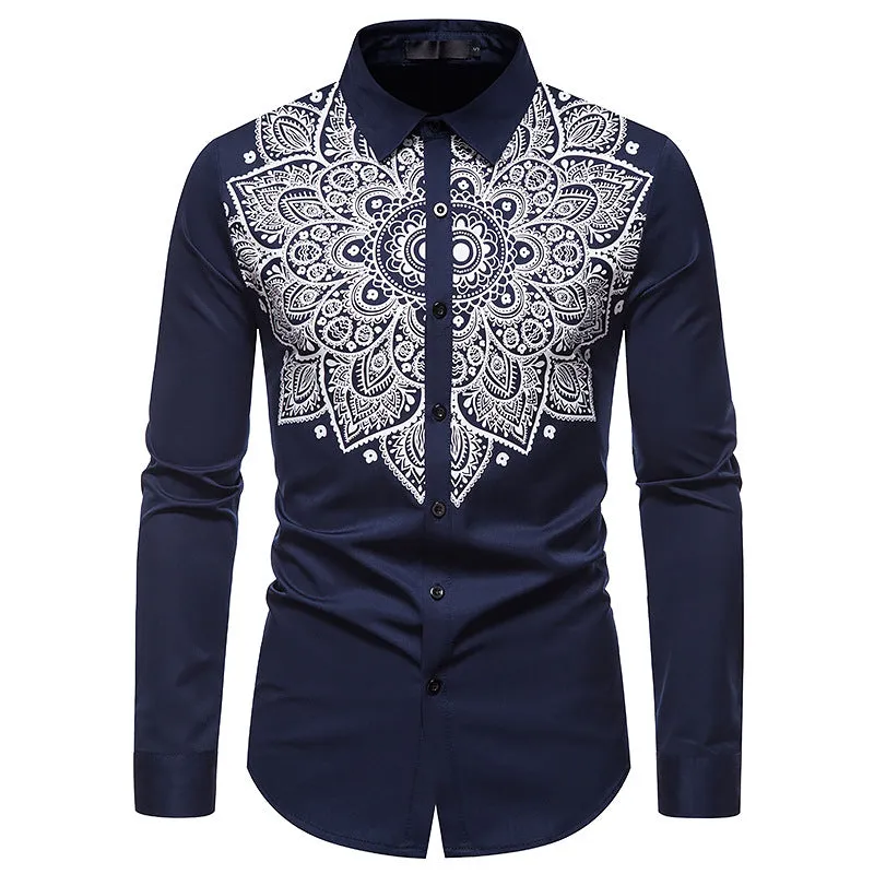 Men's Long Sleeve Printed Button Shirt Slim Fit Formal Shirt