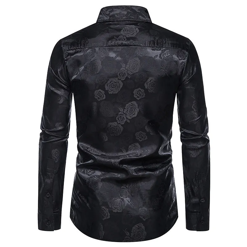 Men's Long Sleeve Rose Print Button Shirt Slim Fit Formal Shirt