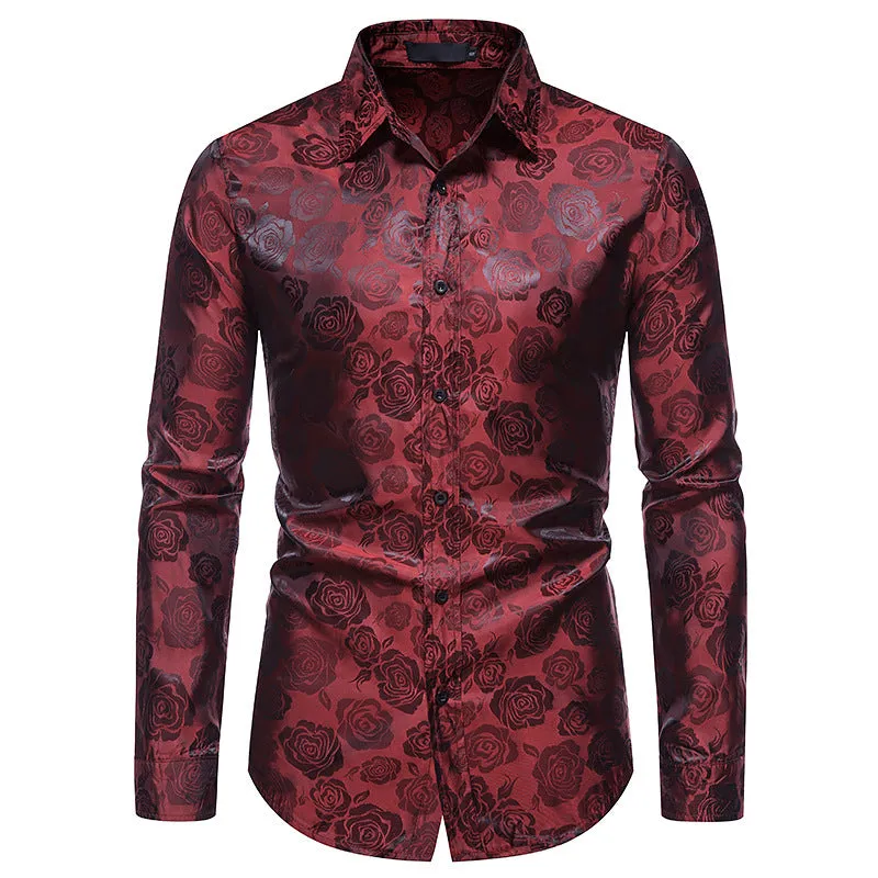 Men's Long Sleeve Rose Print Button Shirt Slim Fit Formal Shirt