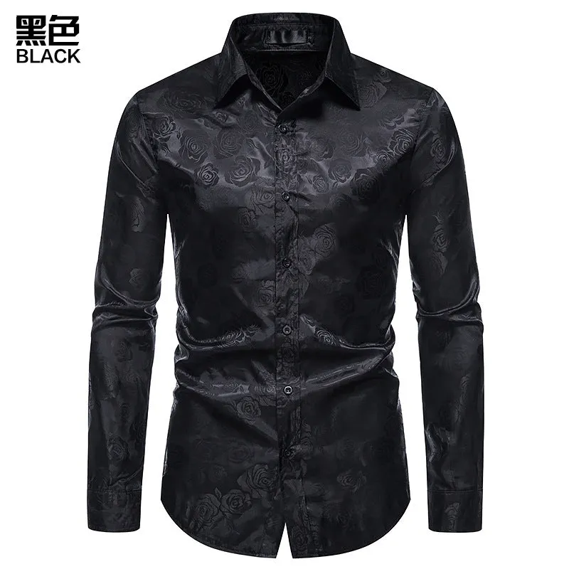 Men's Long Sleeve Rose Print Button Shirt Slim Fit Formal Shirt