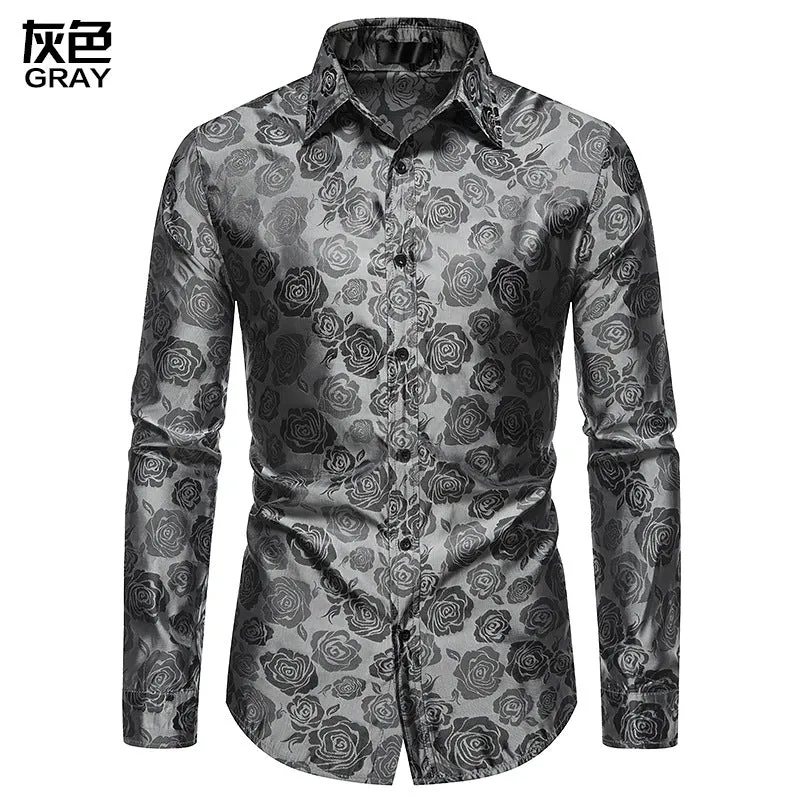 Men's Long Sleeve Rose Print Button Shirt Slim Fit Formal Shirt