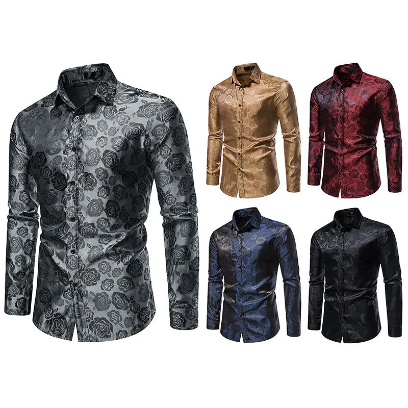 Men's Long Sleeve Rose Print Button Shirt Slim Fit Formal Shirt