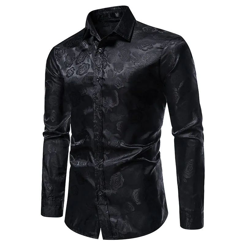 Men's Long Sleeve Rose Print Button Shirt Slim Fit Formal Shirt