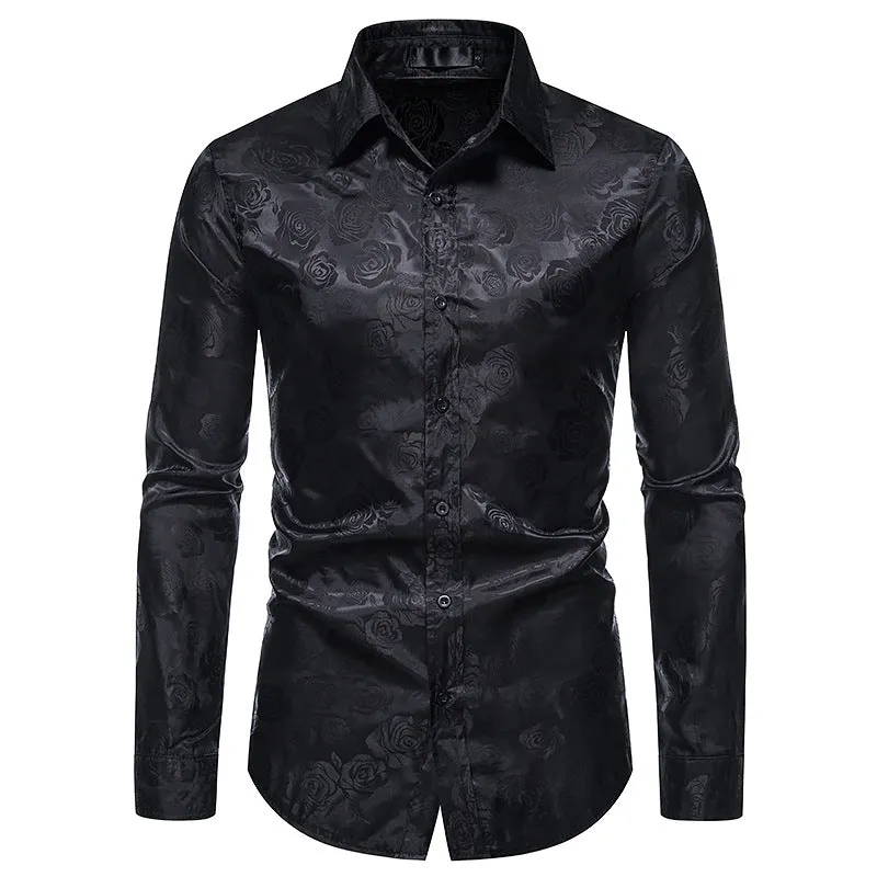 Men's Long Sleeve Rose Print Button Shirt Slim Fit Formal Shirt