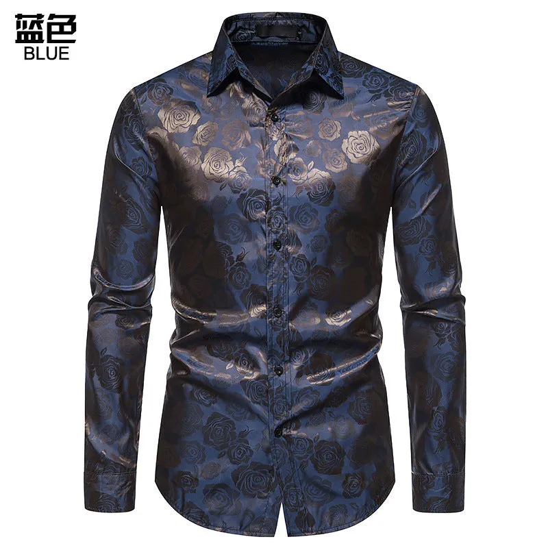 Men's Long Sleeve Rose Print Button Shirt Slim Fit Formal Shirt