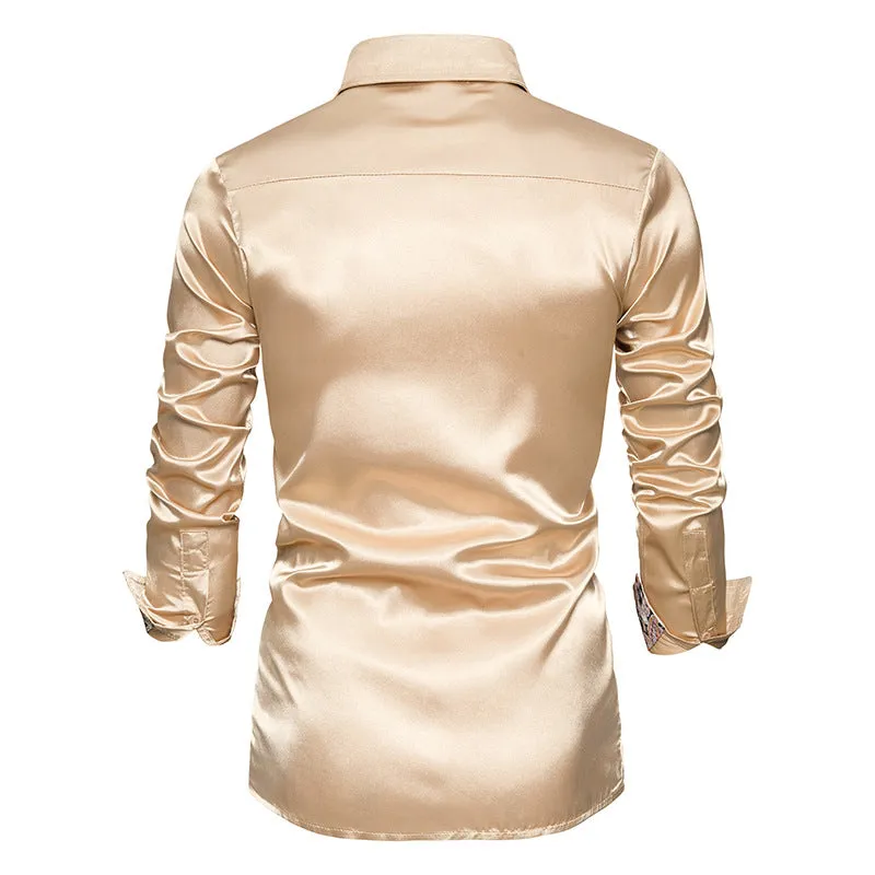 Men's Long Sleeve Satin Shirt Contrast Color Slim Formal Shirt