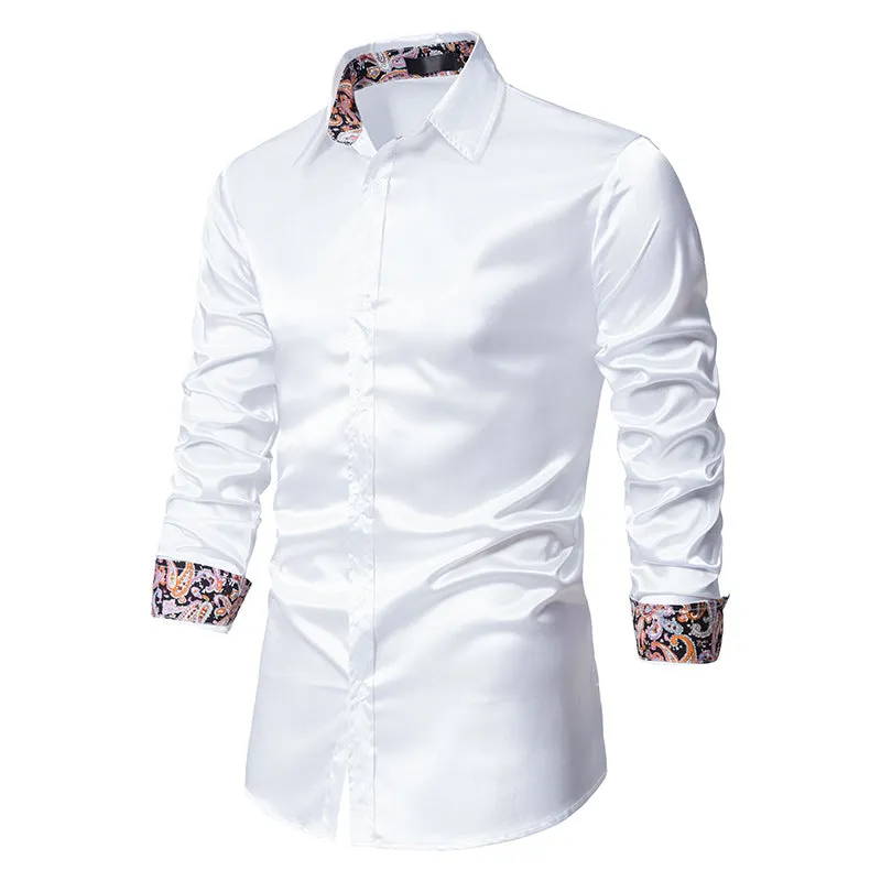 Men's Long Sleeve Satin Shirt Contrast Color Slim Formal Shirt