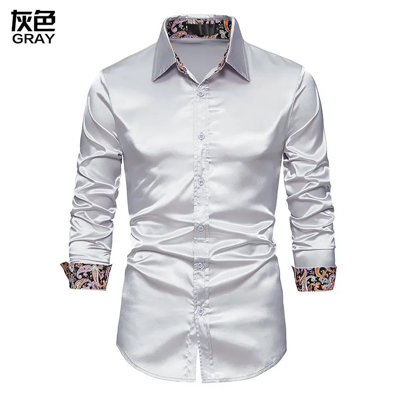 Men's Long Sleeve Satin Shirt Contrast Color Slim Formal Shirt