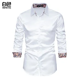Men's Long Sleeve Satin Shirt Contrast Color Slim Formal Shirt
