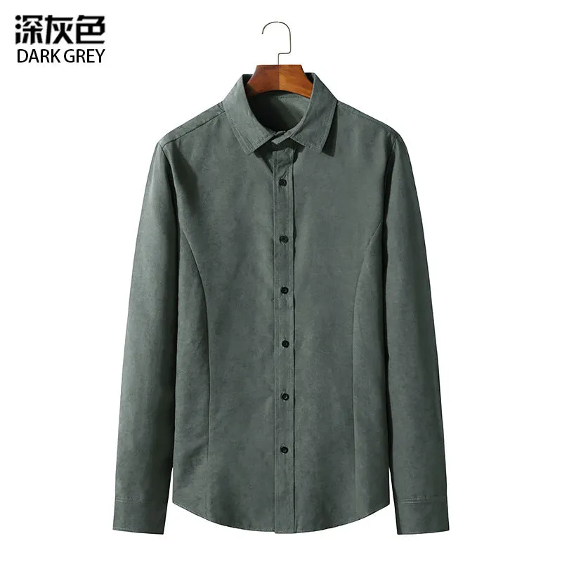 Men's Long-sleeved Solid Color Retro Button-down Shirt Slim-fit Formal Shirt