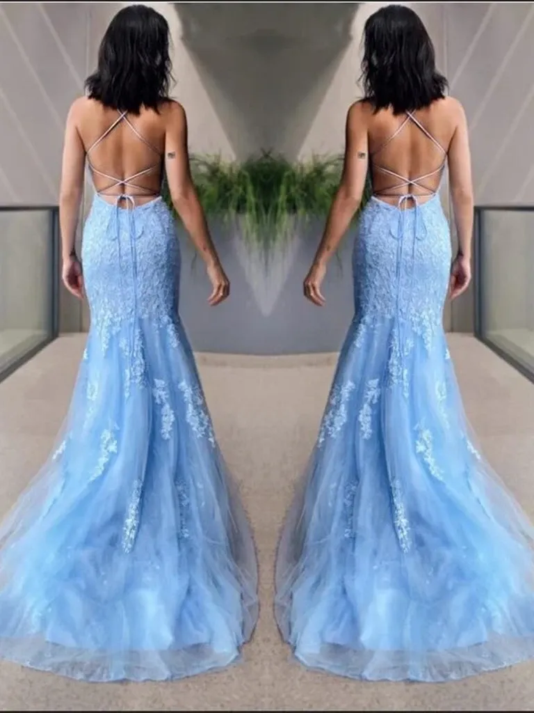 Mermaid Backless Light Blue Lace Long Prom Dresses, Mermaid Blue Formal Dresses, Light Blue Lace Evening Dresses