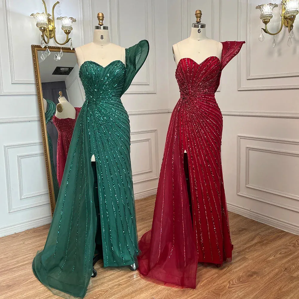 Mermaid Beaded High Slit Elegant One Shoulder Gowns