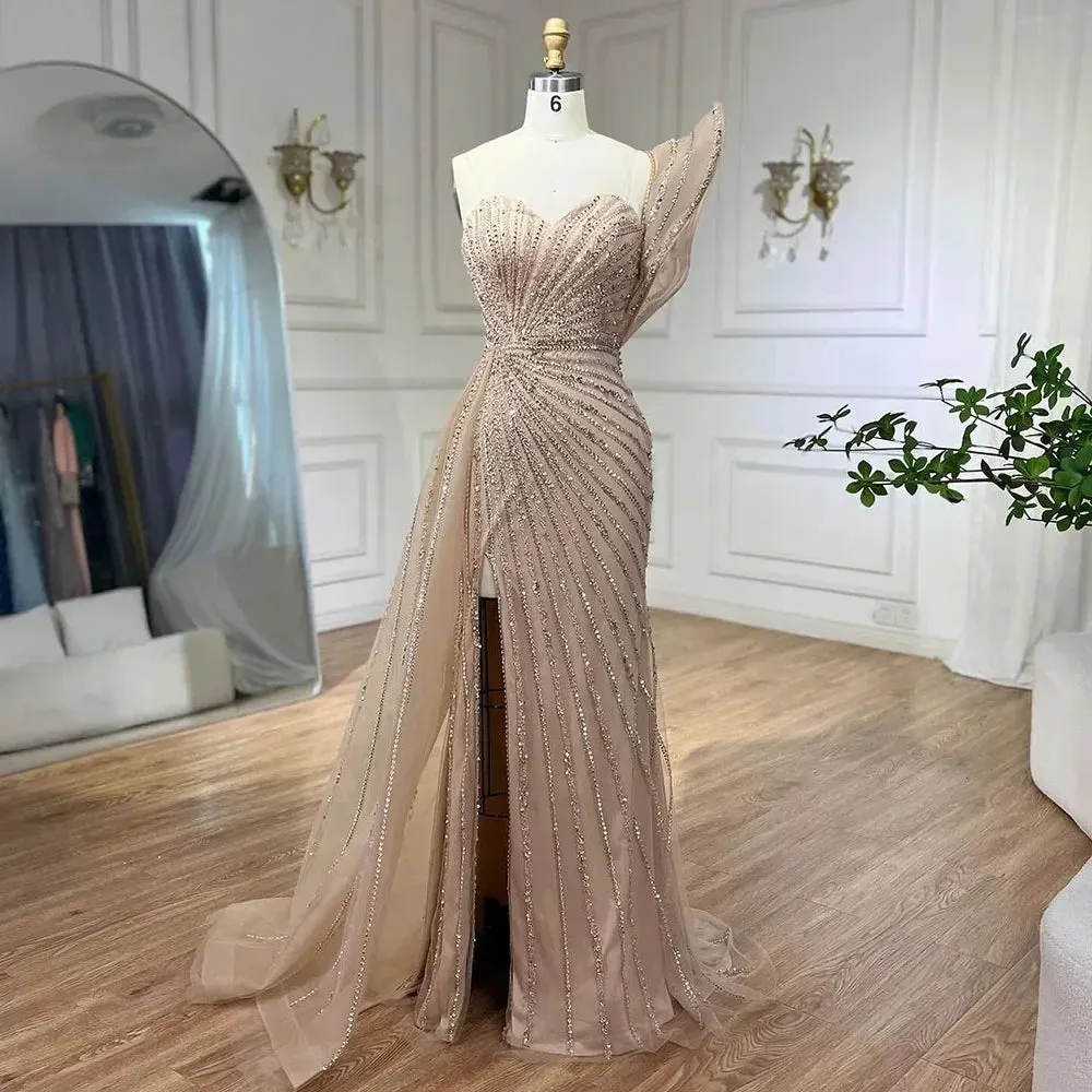 Mermaid Beaded High Slit Elegant One Shoulder Gowns