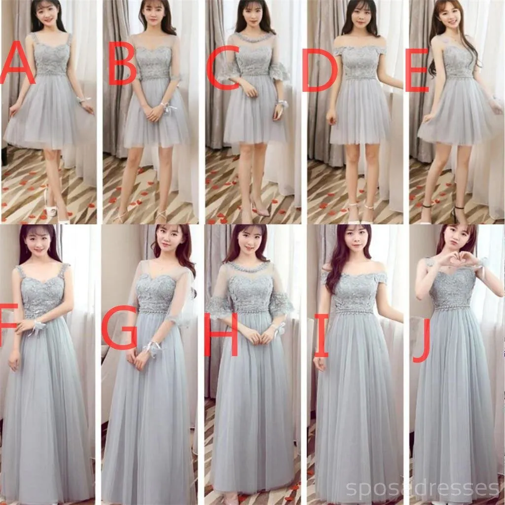 Mismatched Affordable Gray Lace Soft Tulle Long Bridesmaid Dresses, BD015