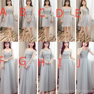 Mismatched Affordable Gray Lace Soft Tulle Long Bridesmaid Dresses, BD015
