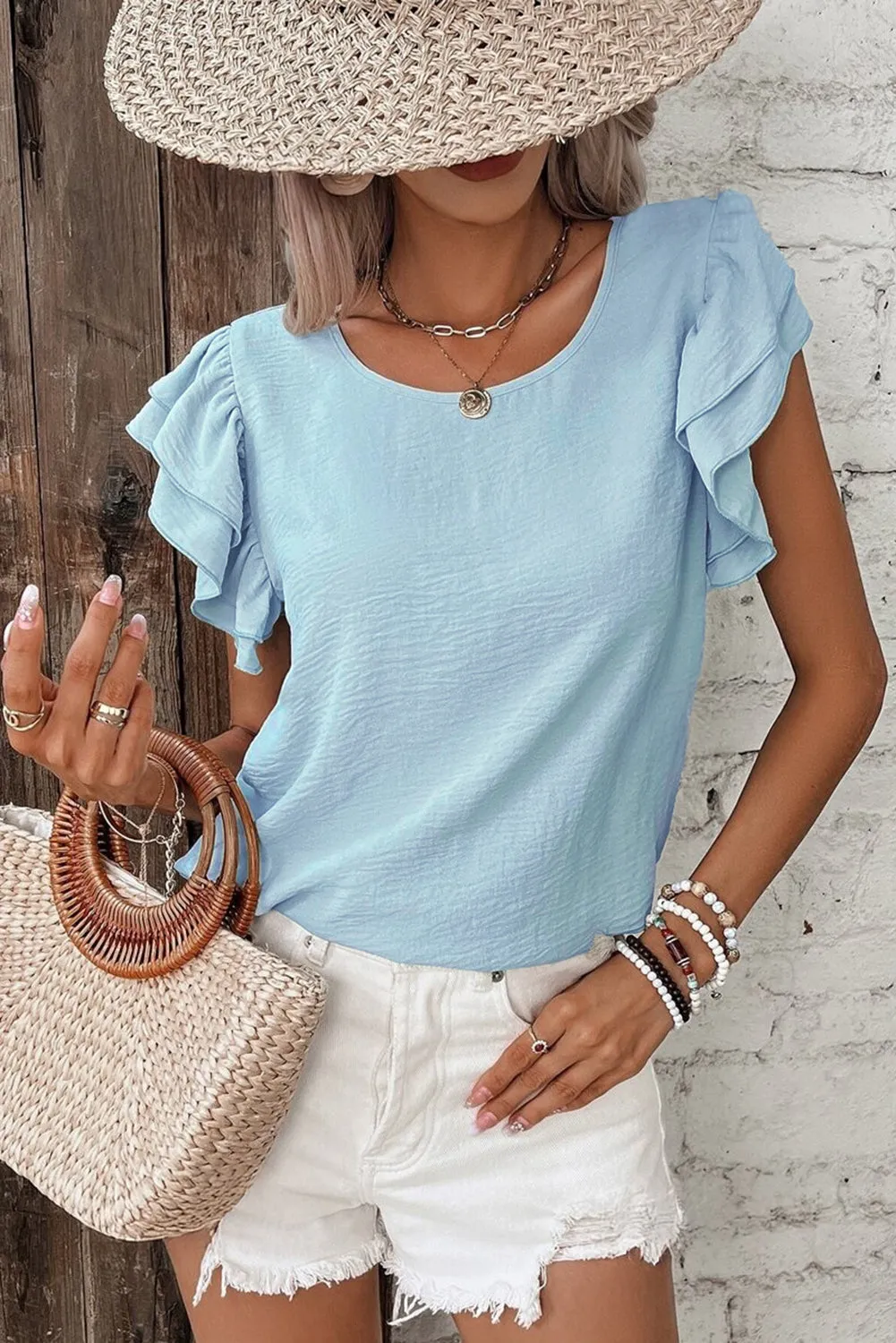 Mist Blue Solid Color Ruffled Short Sleeve Casual Blouse